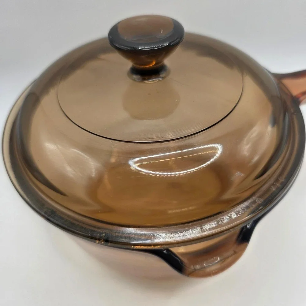Vintage Pyrex Visions Amber Glass Saucepan with Lid and Pour Spout USA 0.5L 1L